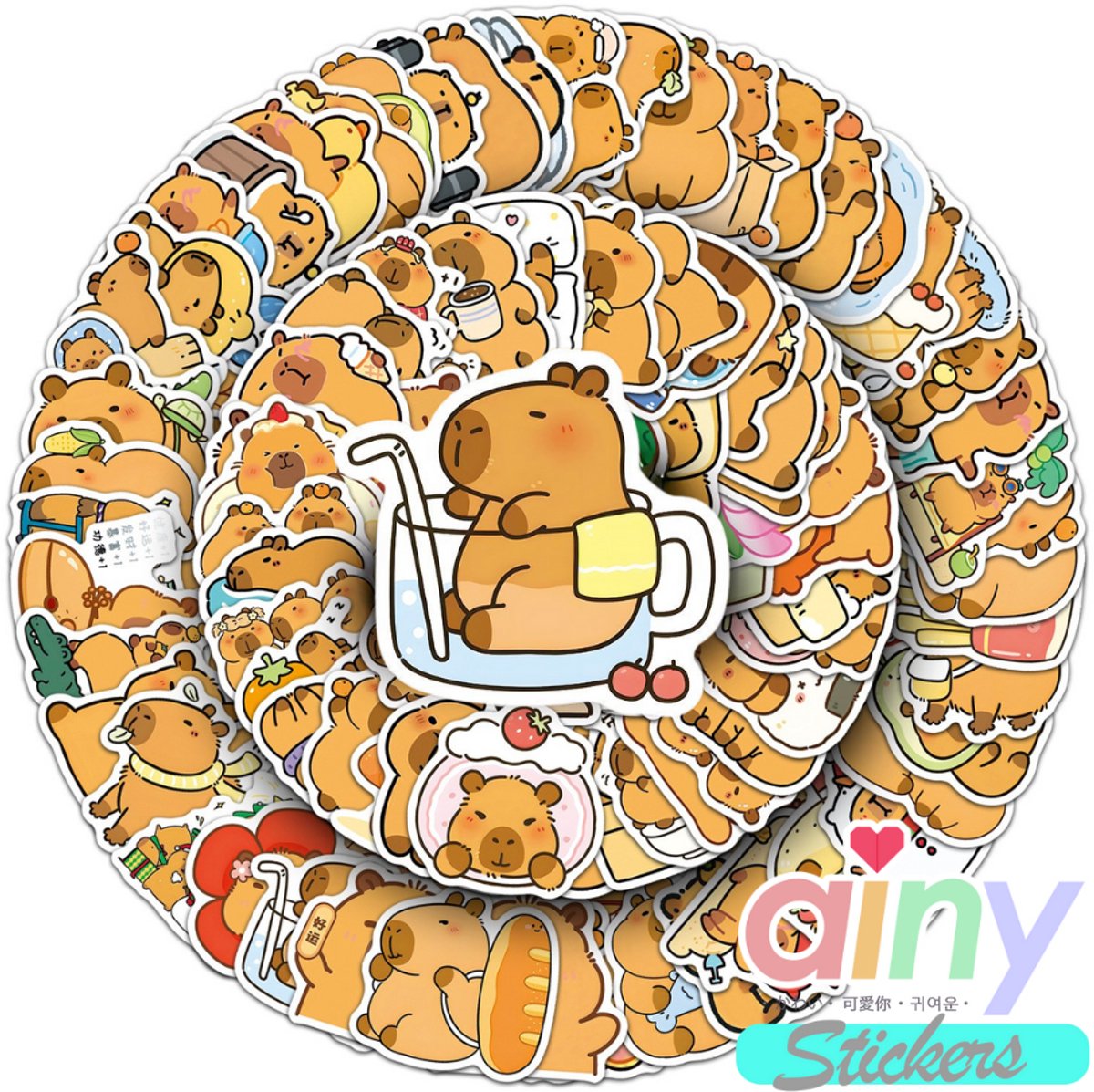 Ainy Capybara Stickers 100 stuks voor bullet journal, fotoalbum, wenskaarten, laptop, waterfles | Ook geschikt als muursticker & geschenksticker | Kawaii capibara knutselen stickervellen voor kinderen / volwassenen